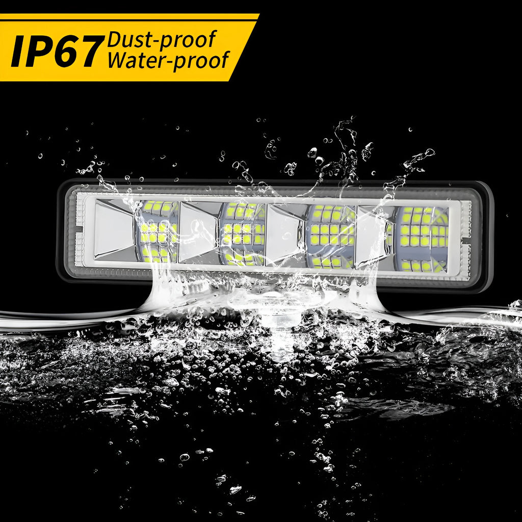 Four white aluminium LED work lights with IP67 rating, suitable for automotive and off-road use.