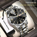 42mm round quartz watch with screw-down crown, luminous function, and single fold alloy clasp in silver and blue face