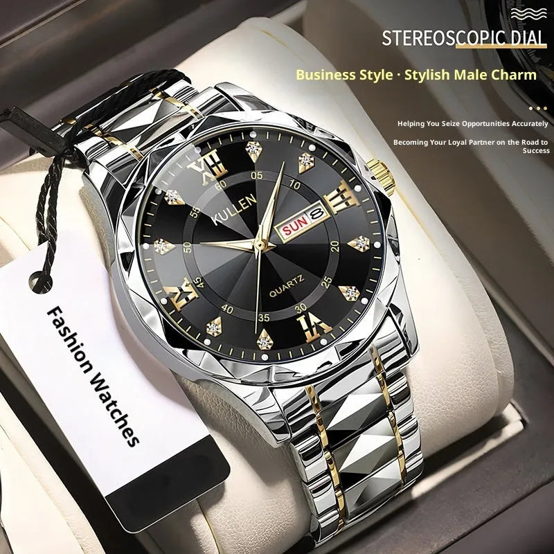 42mm round quartz watch with screw-down crown, luminous function, and single fold alloy clasp in silver and blue face