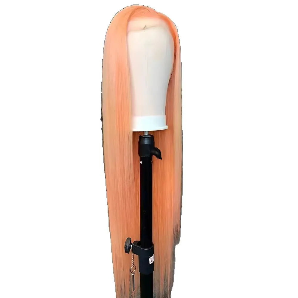 Light orange long straight lace front wig with side bangs on a wig head.