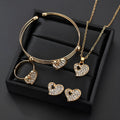 Women's gold electroplated jewellery set with earrings, pendant, and hand decoration featuring love, water drop, and bell patterns