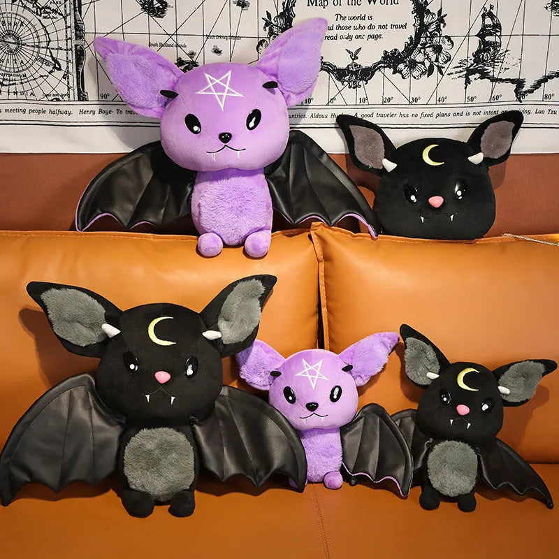 Purple and black short plush bat toys with PP cotton filling, 30cm and 45cm sizes, on a light background