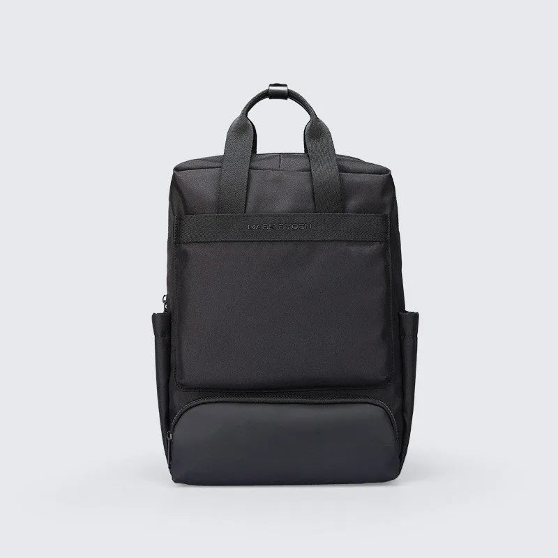 Black Oxford cloth computer backpack showing storage compartments and 20-35 litre capacity