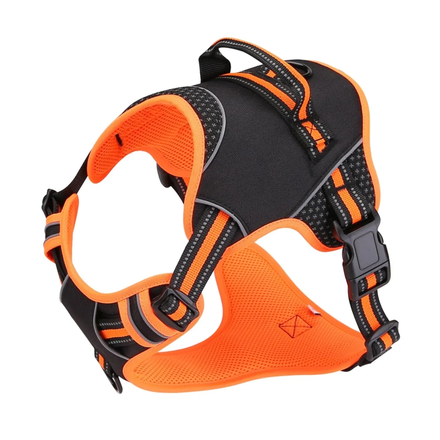 Orange polyester dog harness and lead set shown on size chart for S, M, and L specifications.