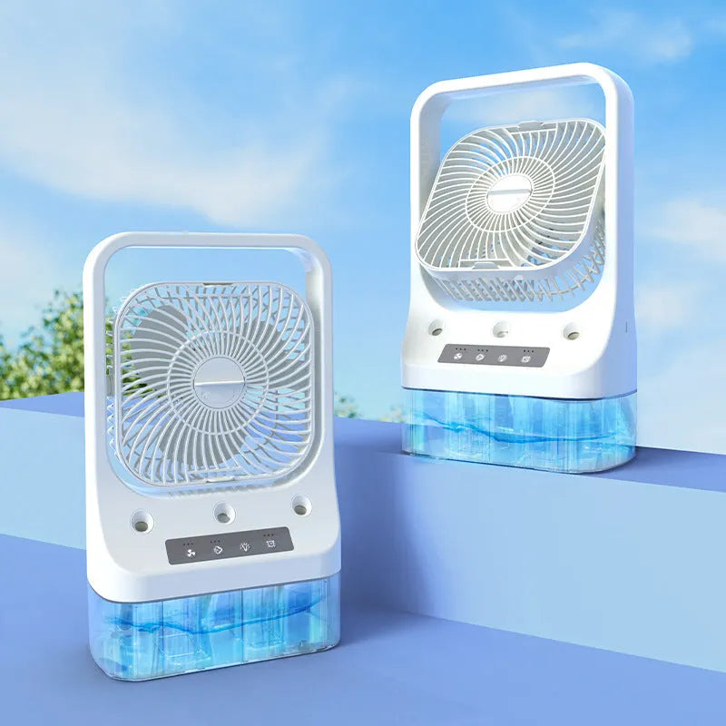 White USB rechargeable water-cooled air cooler fan with adjustable head on a table.