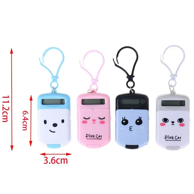 Cookie-shaped mini plastic calculator with key ring, 6.4cm x 3.6cm x 11.2cm, in pink, blue, grey, or black