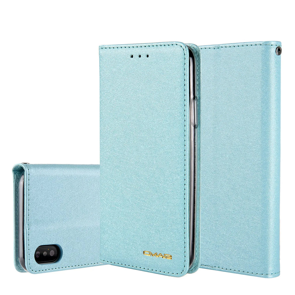Apple iPhone flip case in PU leather with card slots, shown in multiple colour options.