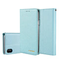 Apple iPhone flip case in PU leather with card slots, shown in multiple colour options.