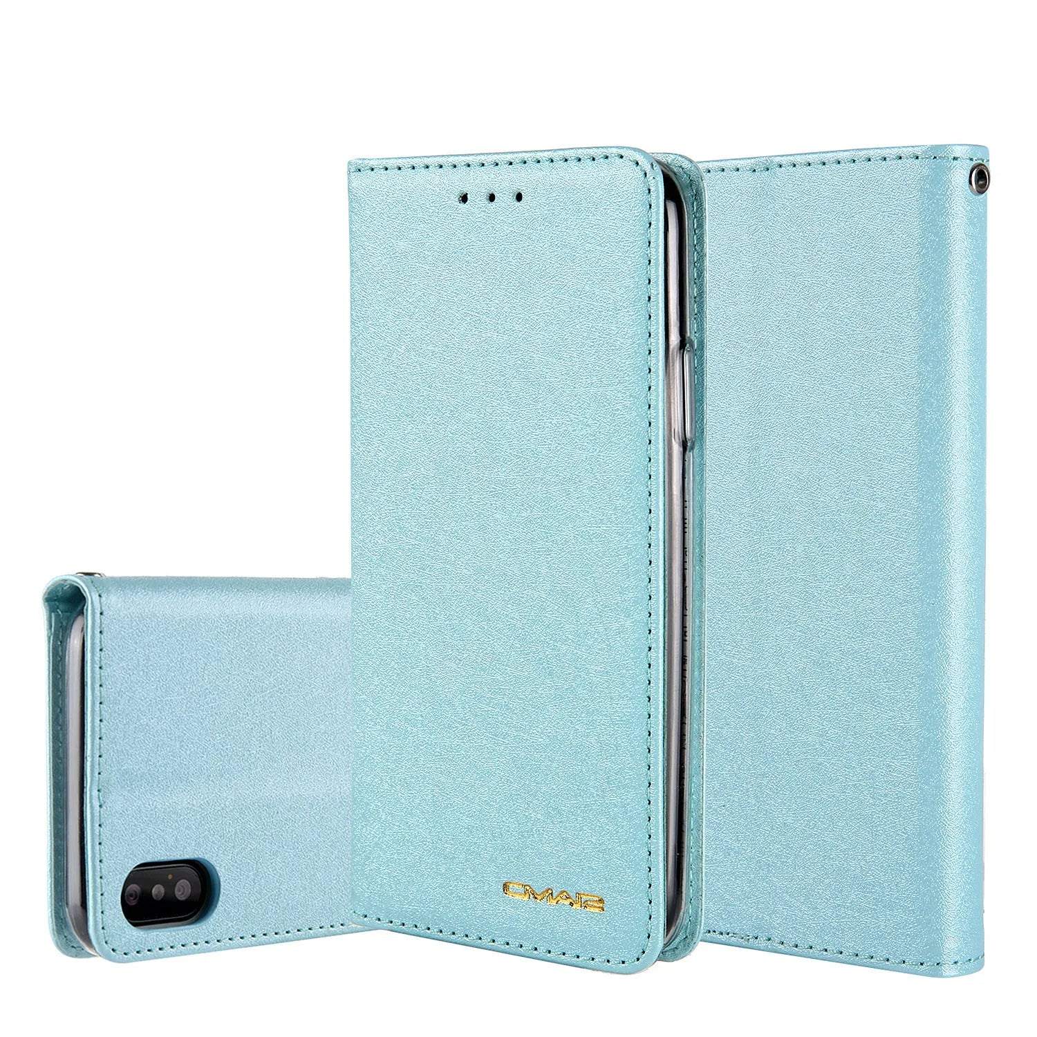 Apple iPhone flip case in PU leather with card slots, shown in multiple colour options.