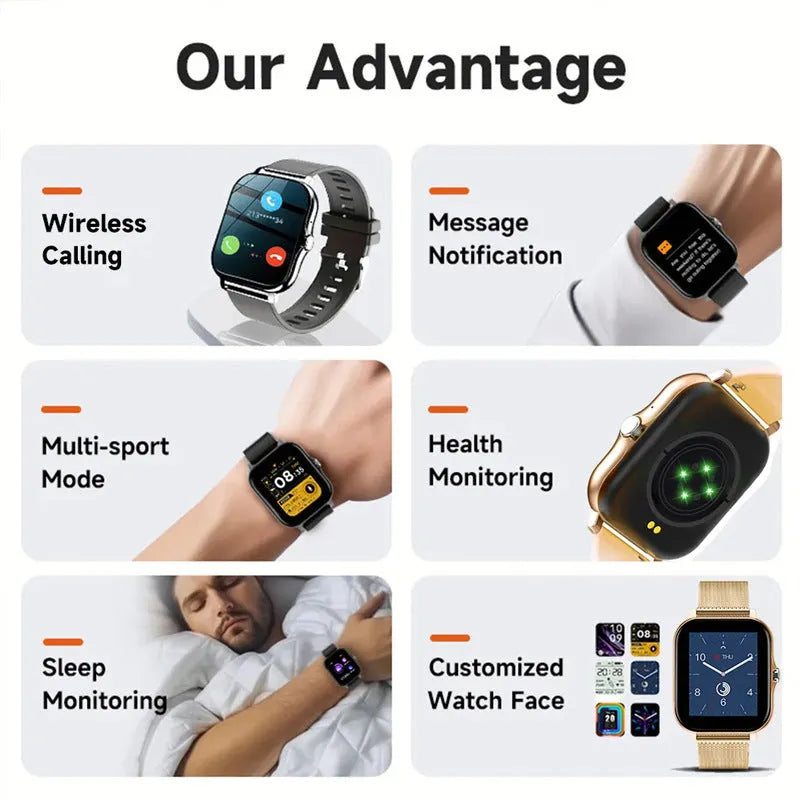 A smartwatch with a 1.44-inch screen showing a fitness stat interface, on a silicone strap.