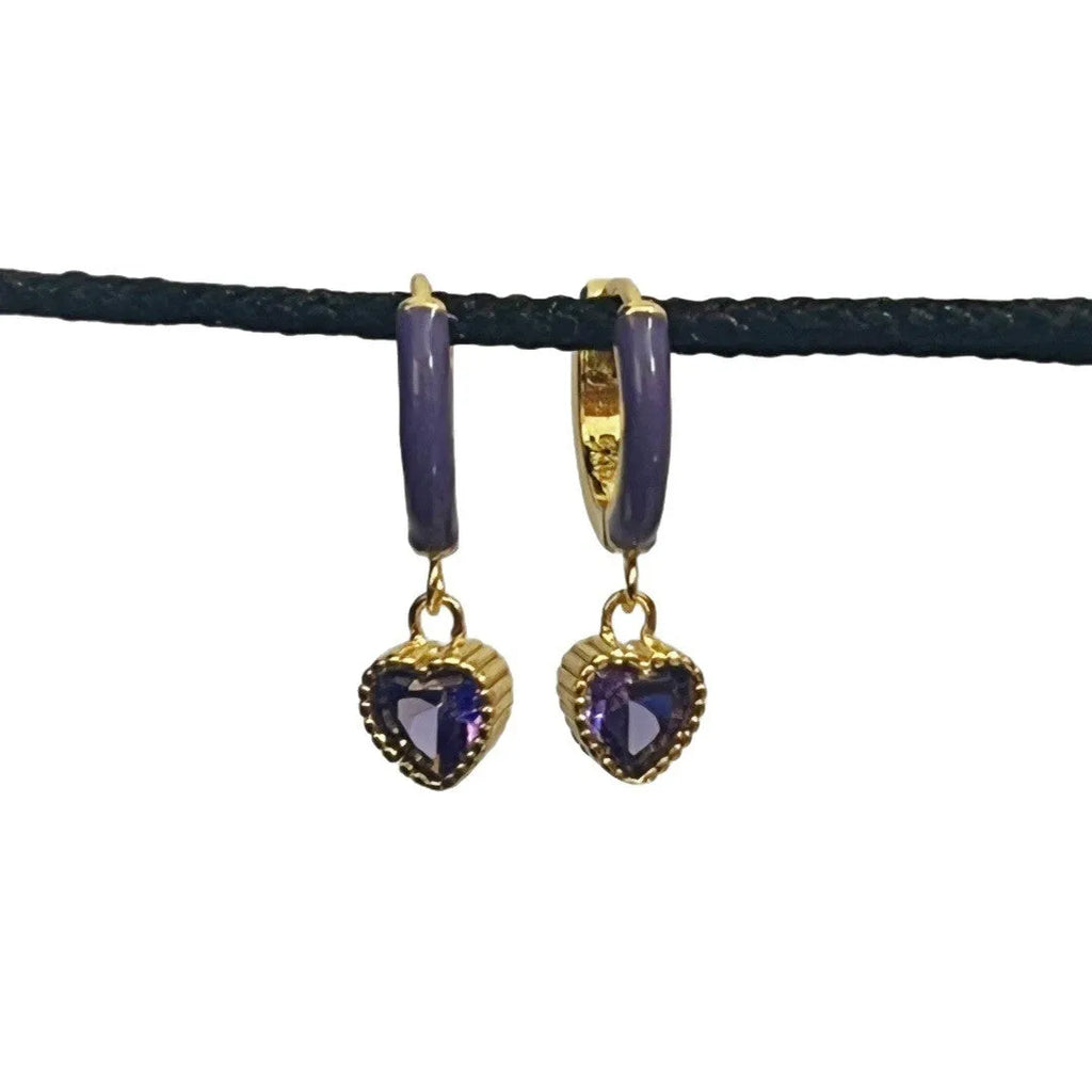 Purple enamel love heart earrings in gold with copper body and geometric bohemian heart design
