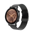 DT96 smart fitness tracker with 1.3-inch screen and steel wrist strap in black, rose gold, or silver.