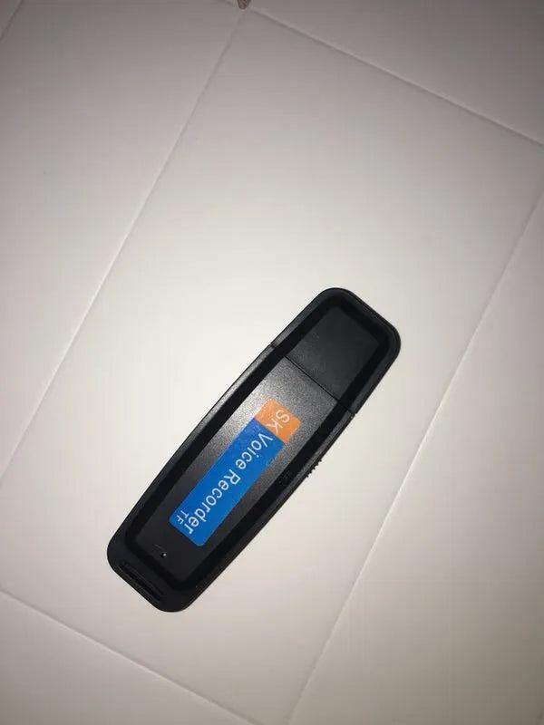 Black and white USB flash drive with voice playback function showing dimensions of 70mm length
