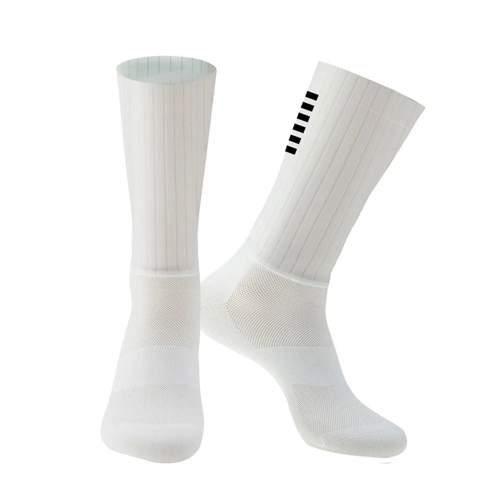 A pair of athletic cycling socks in a chemical fibre blend, shown in one of six available colours on a plain background.