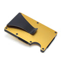 Slim black carbon fibre geometric wallet holding bank cards, showing 8mm thickness profile.