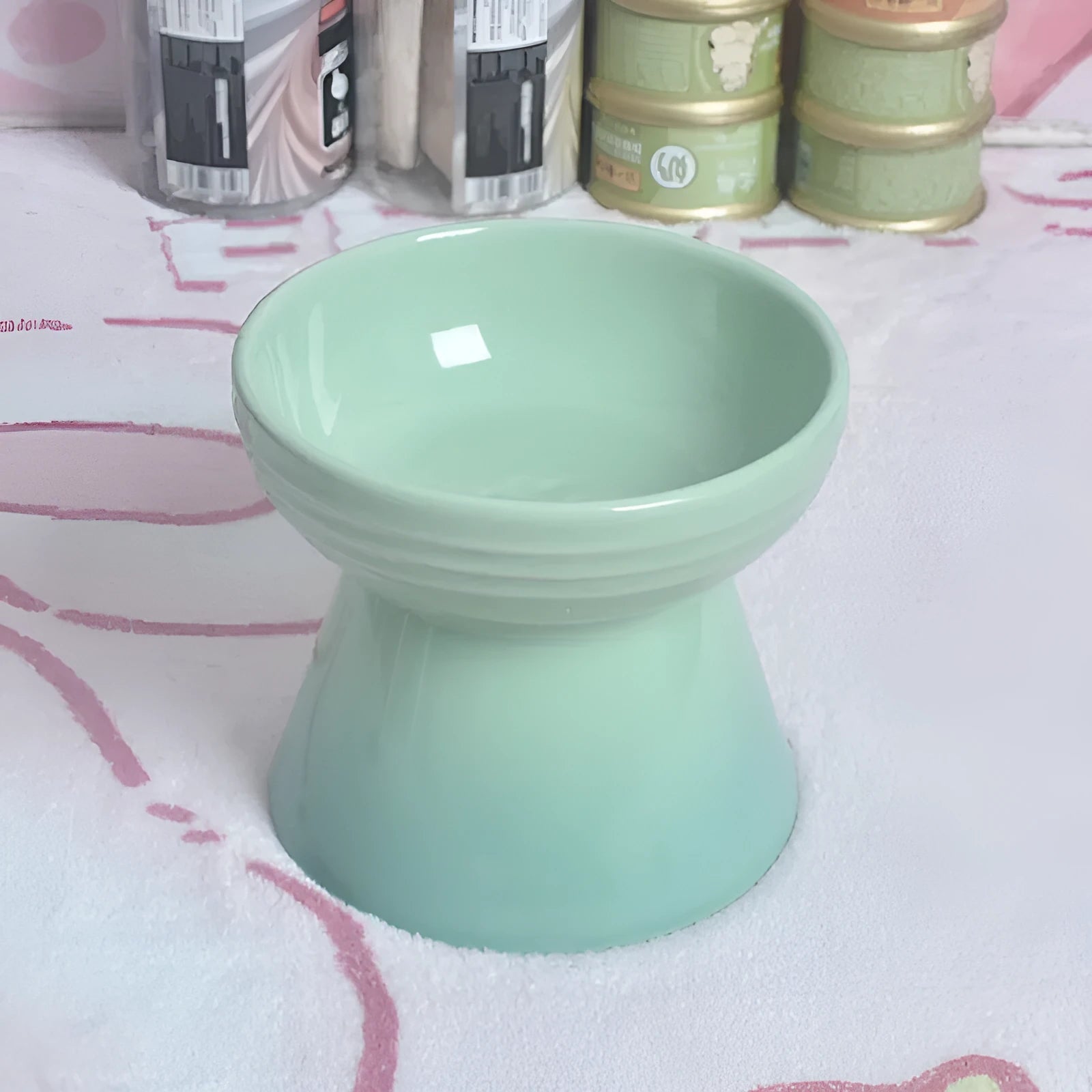 White ceramic pet bowl with a high foot neck and slanted rim for cat or dog feeding