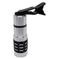 Silver 12x telephoto lens with black universal clip for attaching to a smartphone.