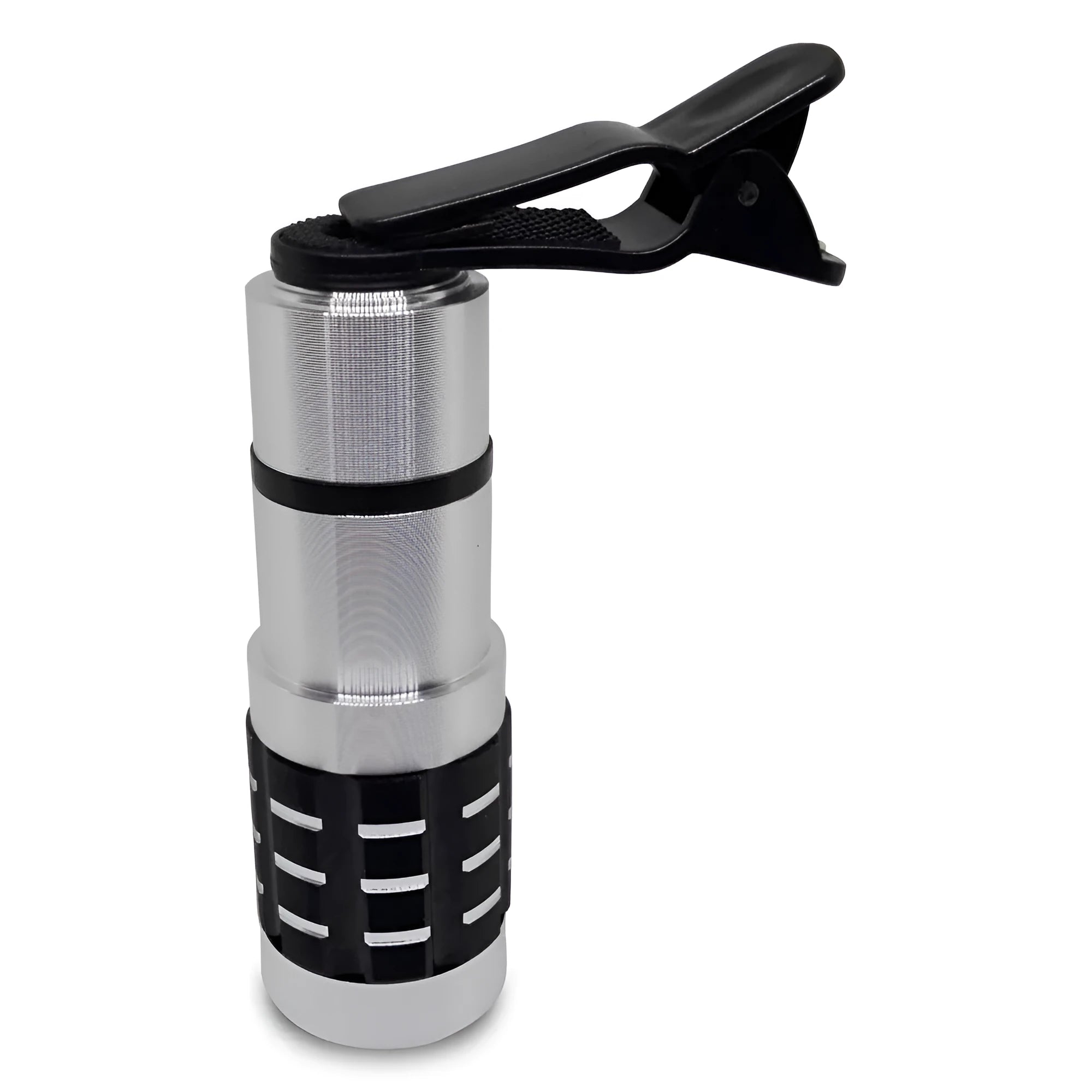 Silver 12x telephoto lens with black universal clip for attaching to a smartphone.