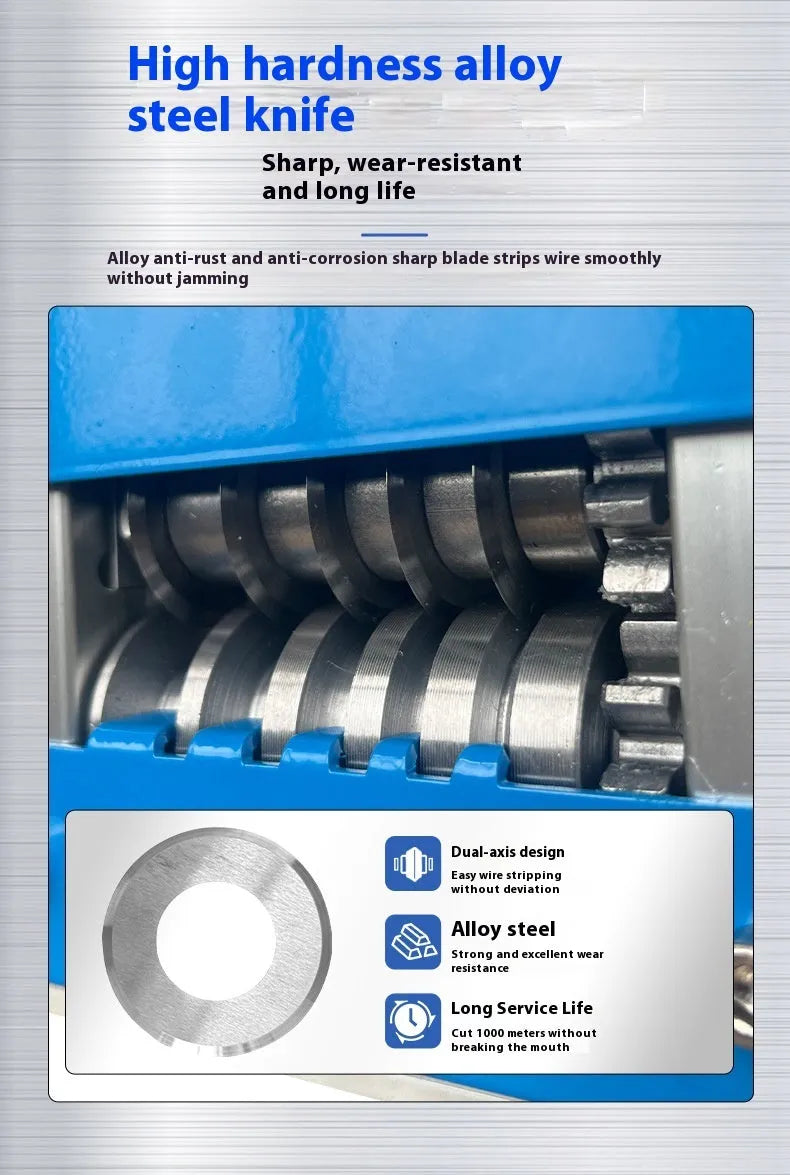 SD-017 manual wire stripping machine on a workbench, showing adjustable blades for cables from 0.5mm to 17mm diameter.