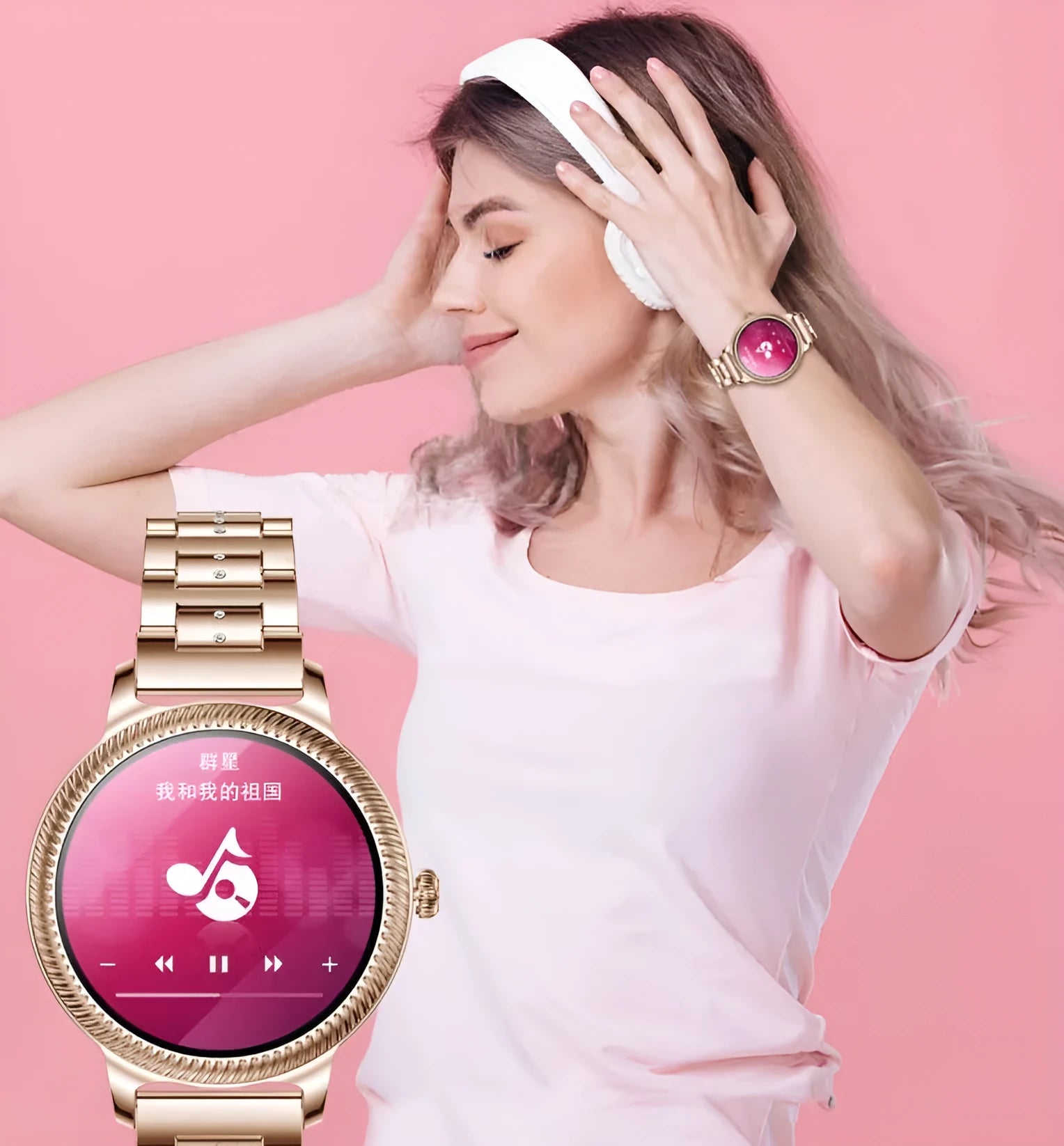 AK38 ladies smartwatch with stainless steel band and 1.09 inch colour screen.