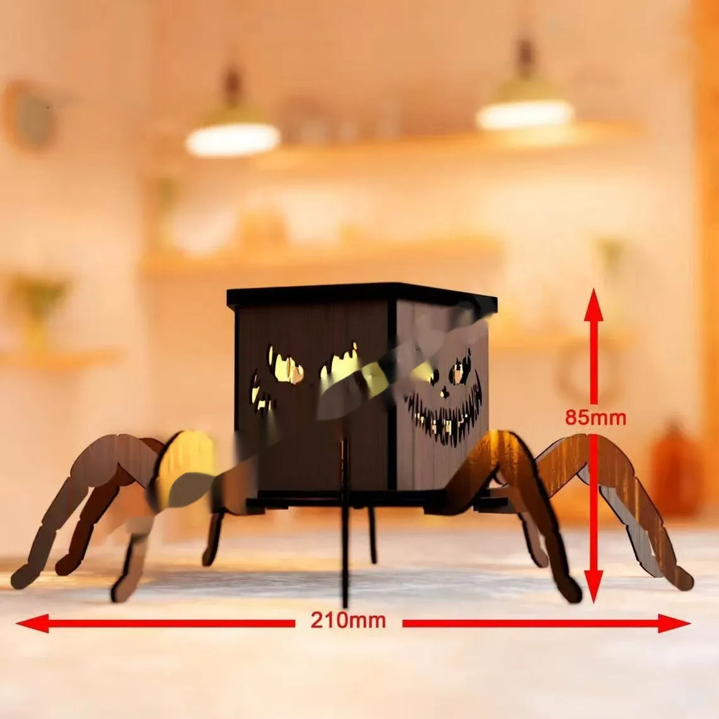 Wooden Halloween spider mini lantern candlestick with spider design measuring 21cm tall