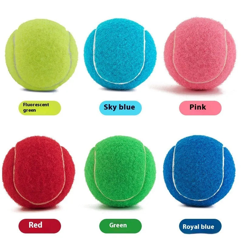 Bite-resistant rubber dog tennis ball in multiple colours including pink, blue and green