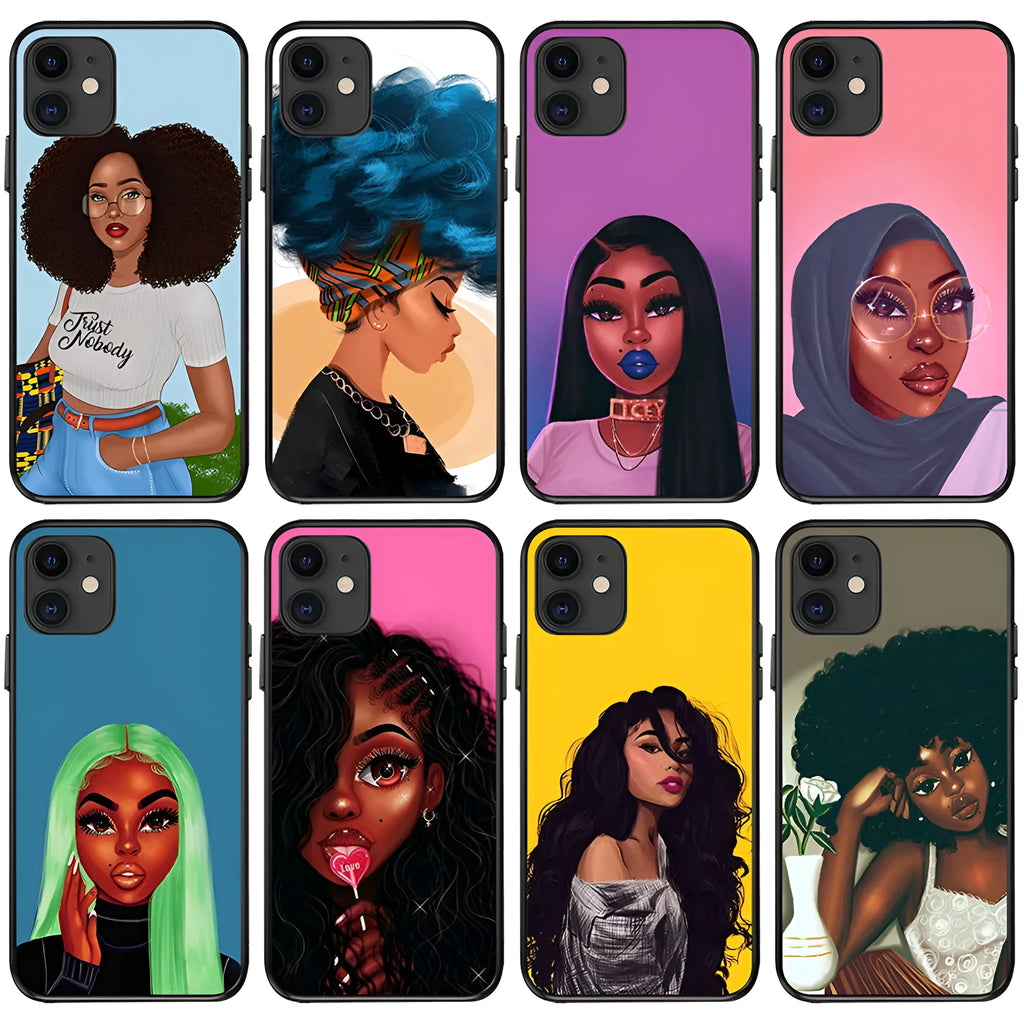 Black girl iPhone case with graffiti pattern, TPU PC back cover, simple style, waterproof and drop-resistant.