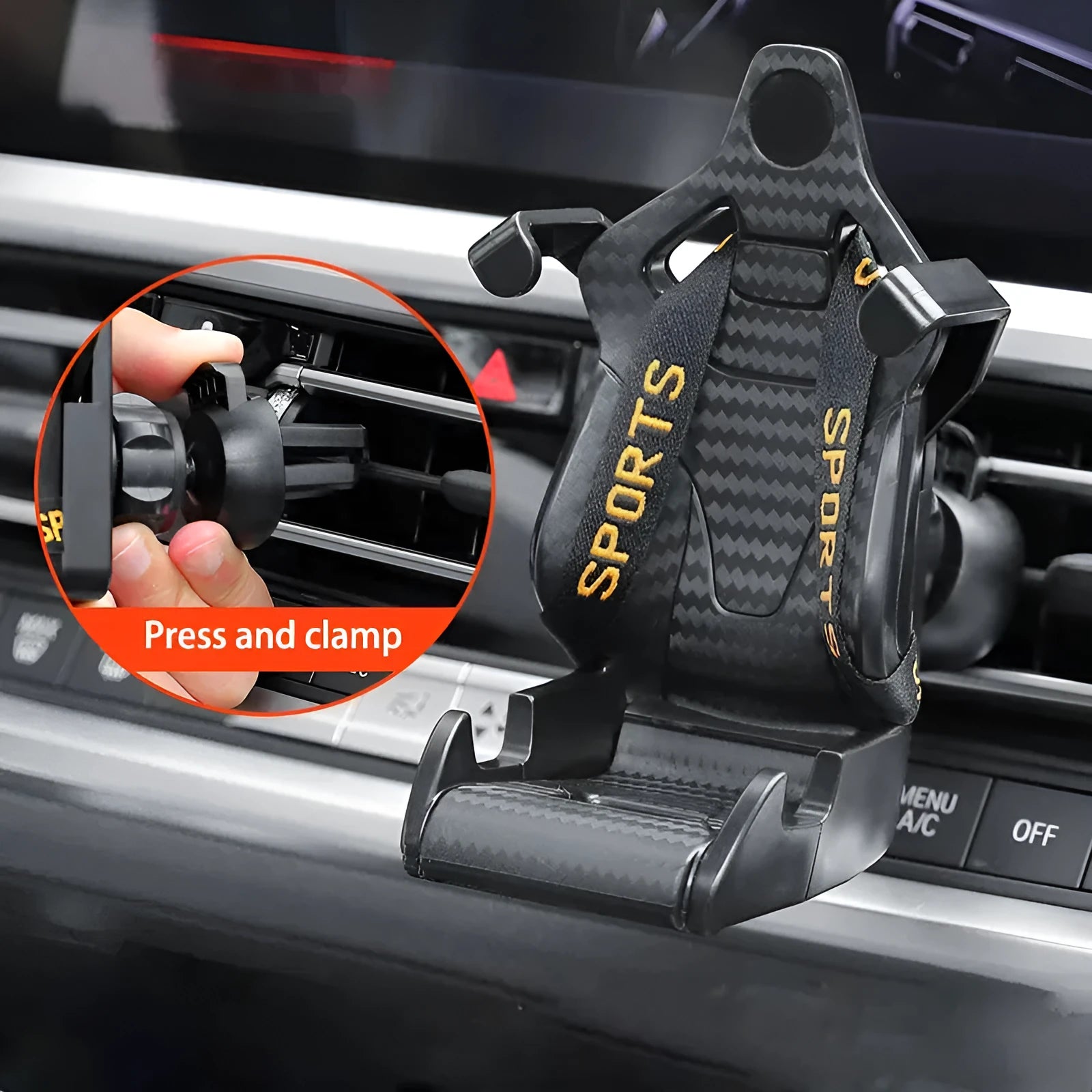 Gold coloured car air vent mobile phone holder with 360-degree rotating head mounted on a car dashboard vent.