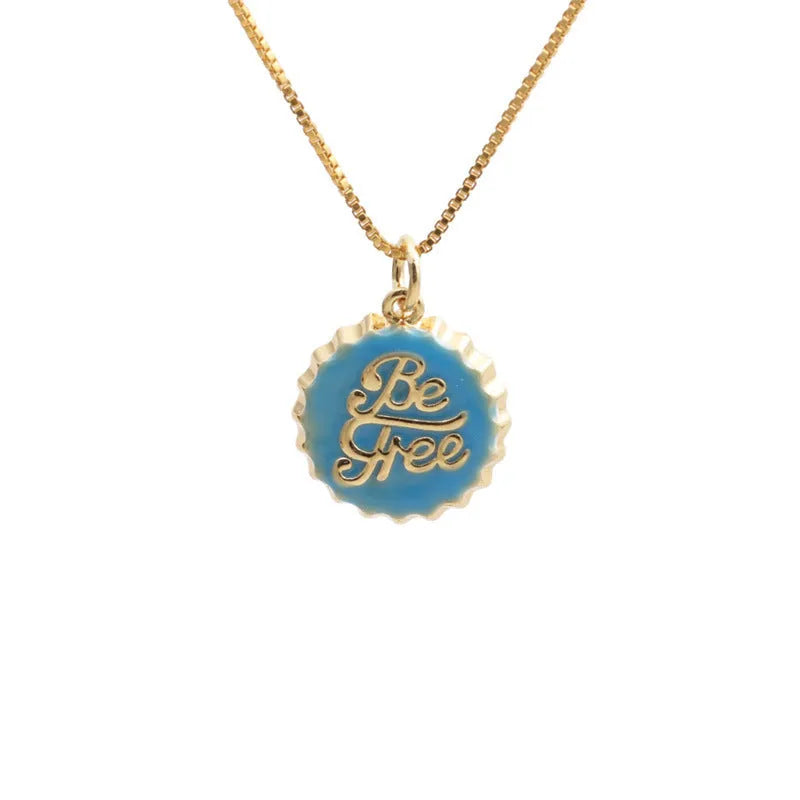 Copper bottle cap pendant necklace with 18K gold electroplating on a 40 cm box chain.