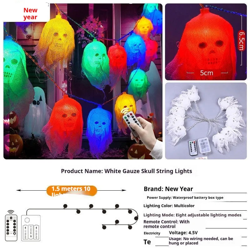 Battery-powered Halloween string lights with multi-coloured LED bulbs on a black wire.