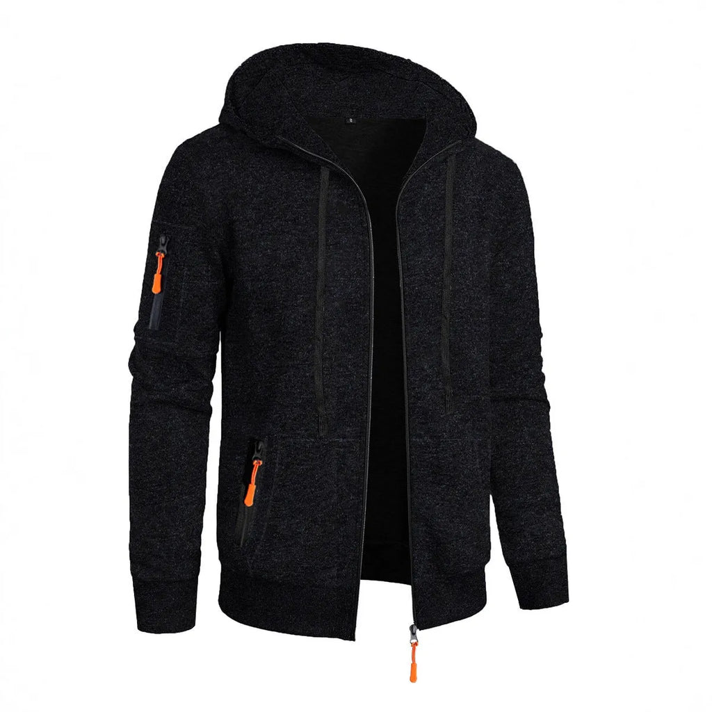 Men's hooded cardigan sweater coat in solid colour polyester, loose fit, long sleeve, sizes S-3XL