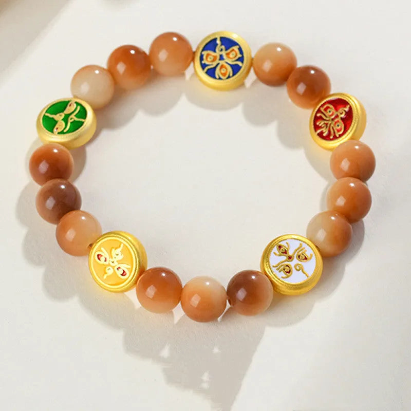 Yellow bodhi seed bracelet with five directions geometric pattern, adjustable 14-17 inches