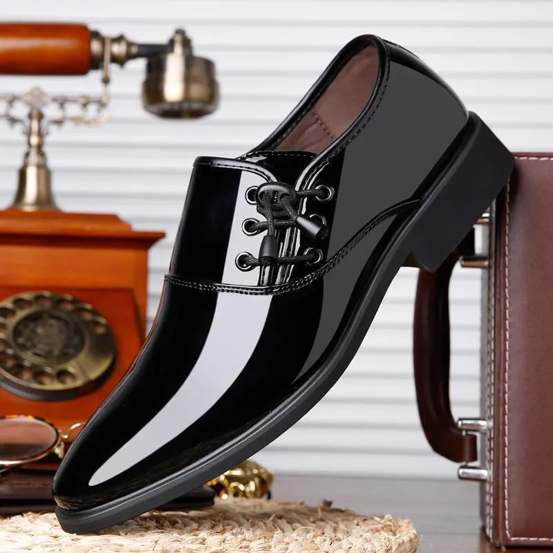 Men's black and brown formal business shoes with rubber sole and square heel