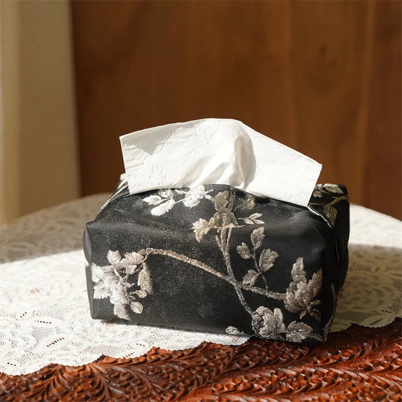 New Chinese style brocade tissue box cover with white plum embroidery, showing pearl buckle variant.