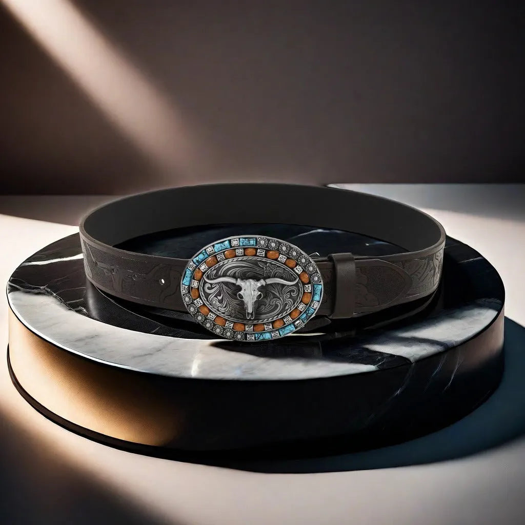 Men's brown imitation leather belt with a detailed silver alloy cow head buckle and pin buckle fastening.