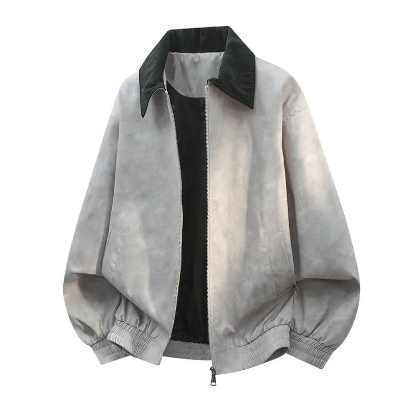 Men's casual jacket with stitching lapel detail in black, shown with straight hem and side seam pockets.