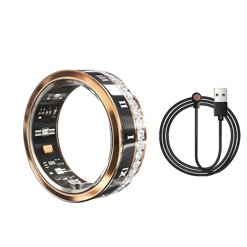 Silver and gold smart rings with diamond inlay showing blood oxygen monitoring technology on finger