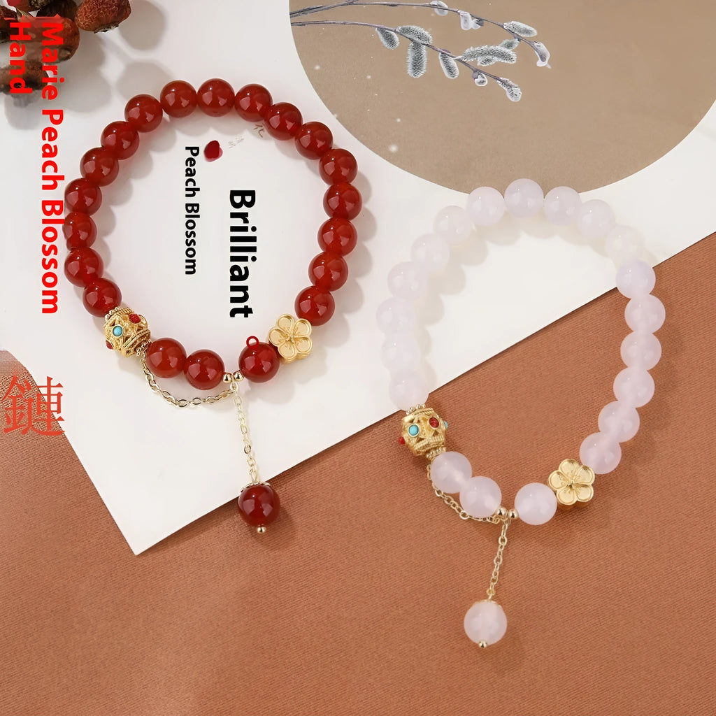 Handcrafted agate bracelet with 8mm natural stone beads and peach blossom copper components