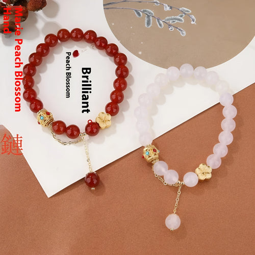 Handcrafted agate bracelet with 8mm natural stone beads and peach blossom copper components