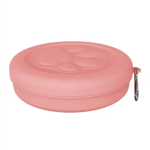 Portable dual-colour dog bowl set with attached snack box in light green and pink.