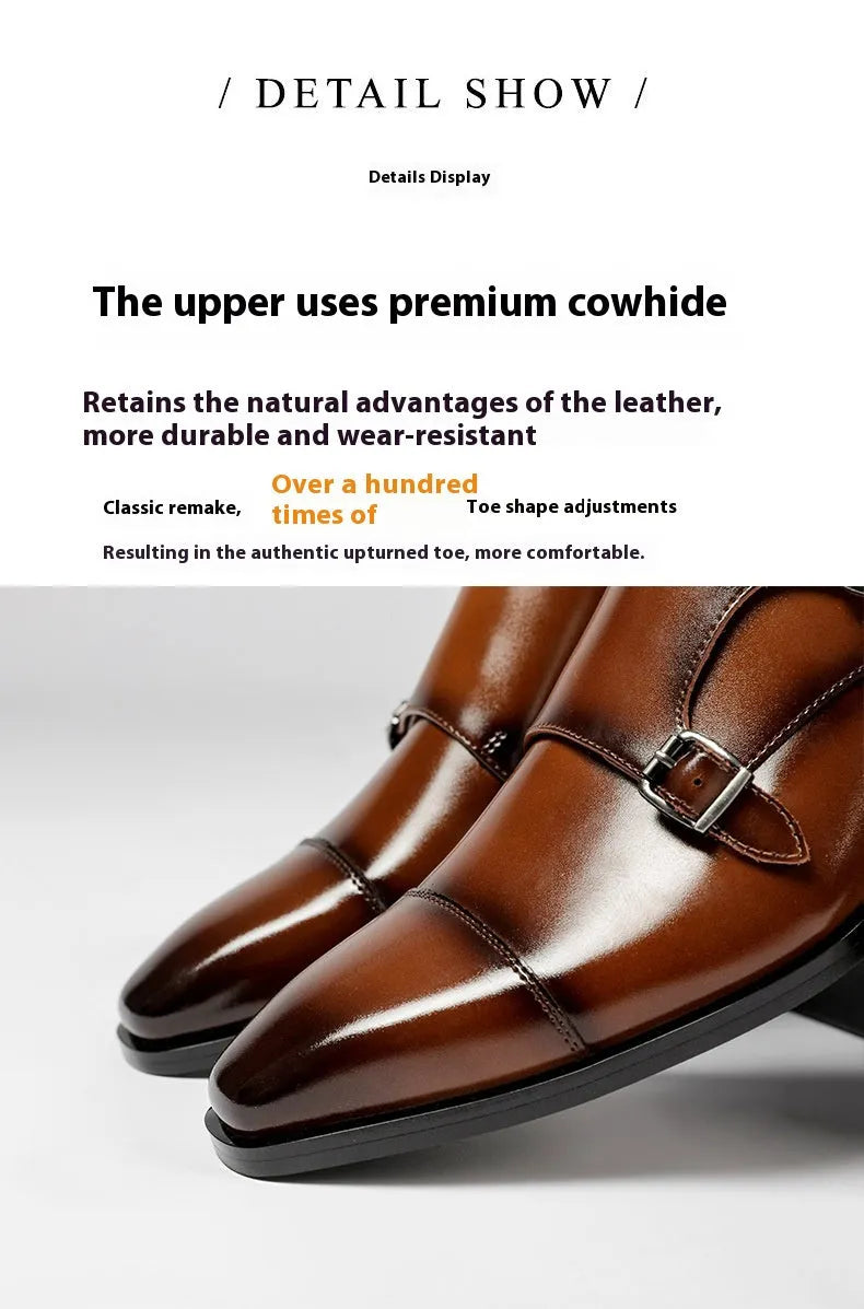 Men's black and light brown leather business shoes with square toe and rubber soles