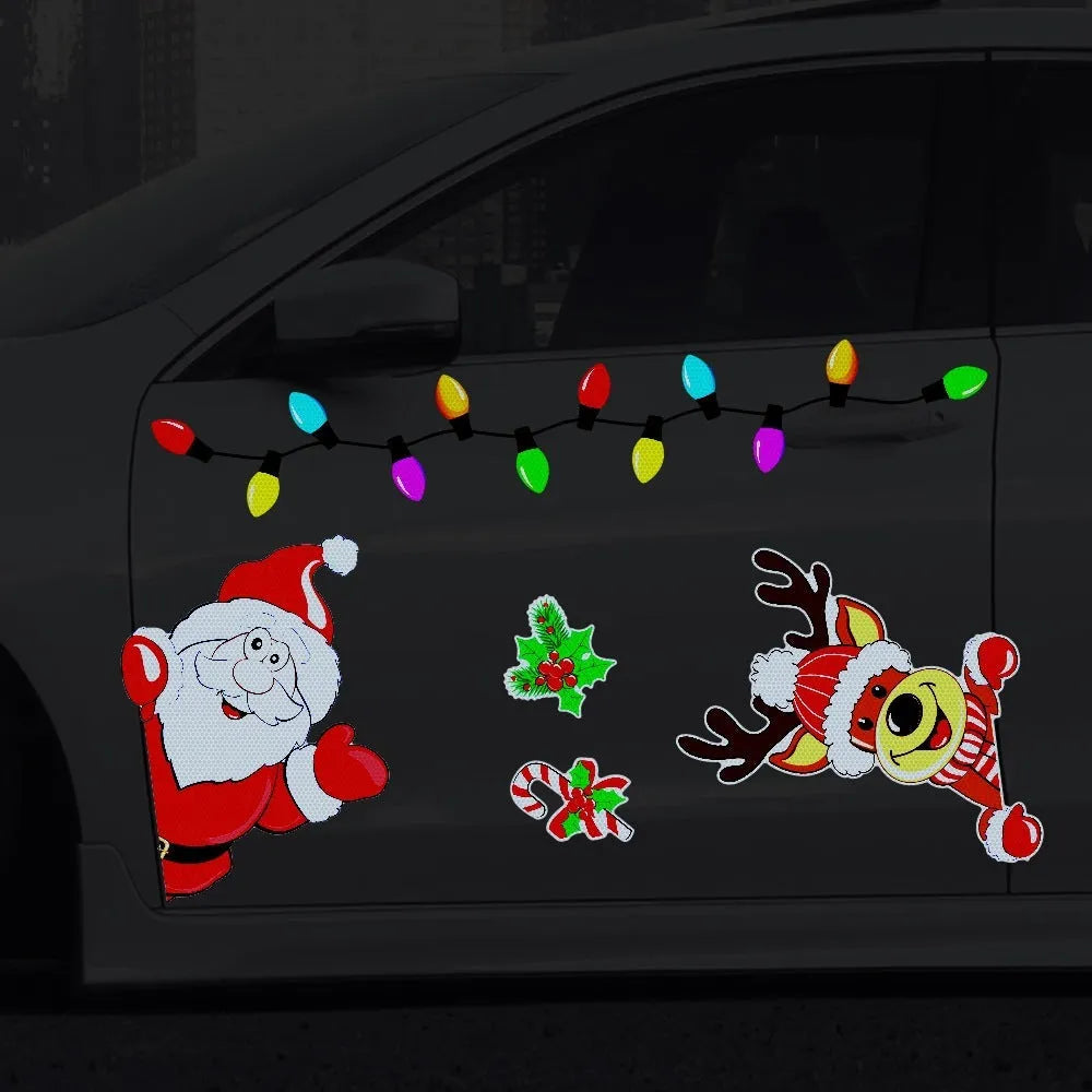 Medium-sized reflective cartoon Christmas elk sticker with magnetic backing.
