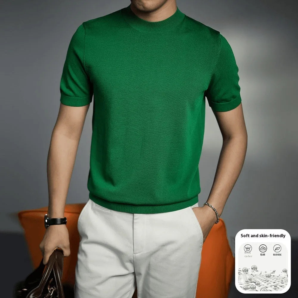 Men's silver grey knitted round neck t-shirt with short sleeves on a hanger.