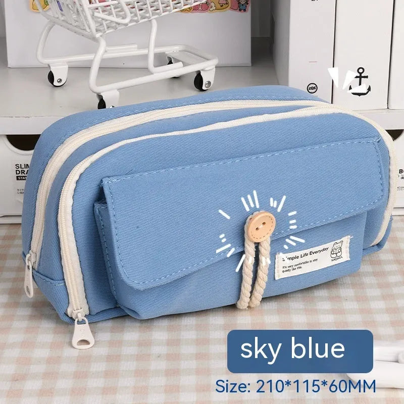 Green canvas button pencil case showing large capacity for pens in Korean style design.