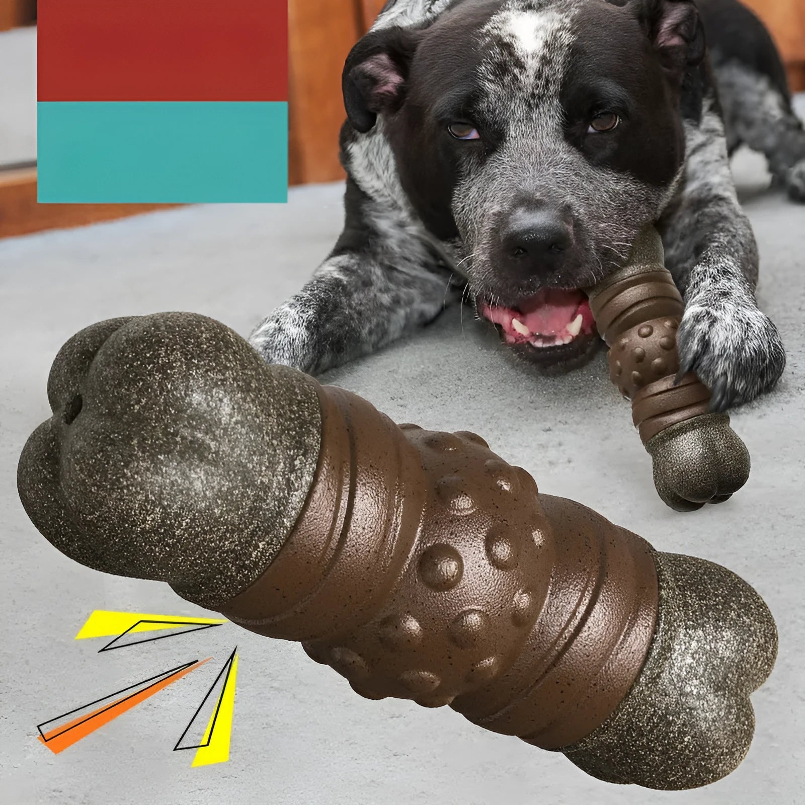 Wood colour plastic sounding bone dog toothbrush and chew toy for dental care.