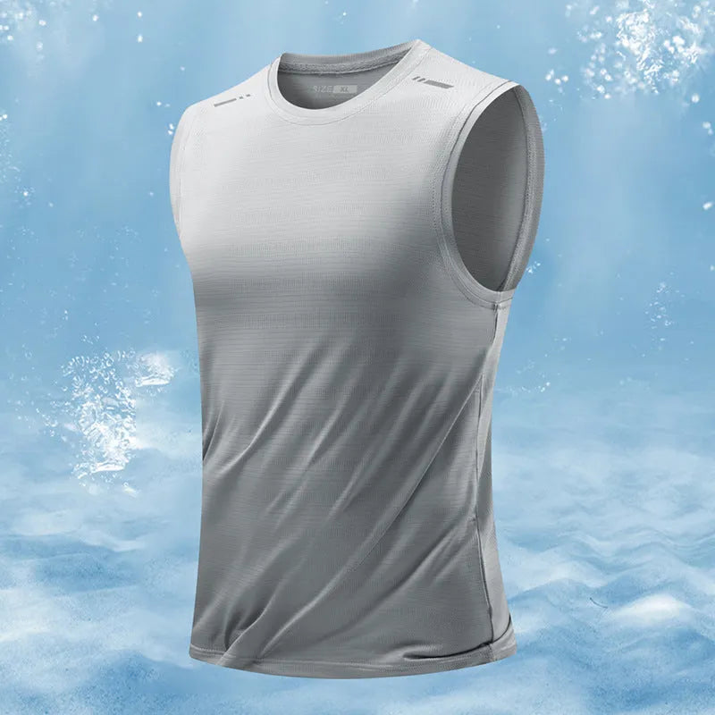 Men's loose-fit sleeveless waistcoat vest in bamboo polyester blend, shown in a solid colour.
