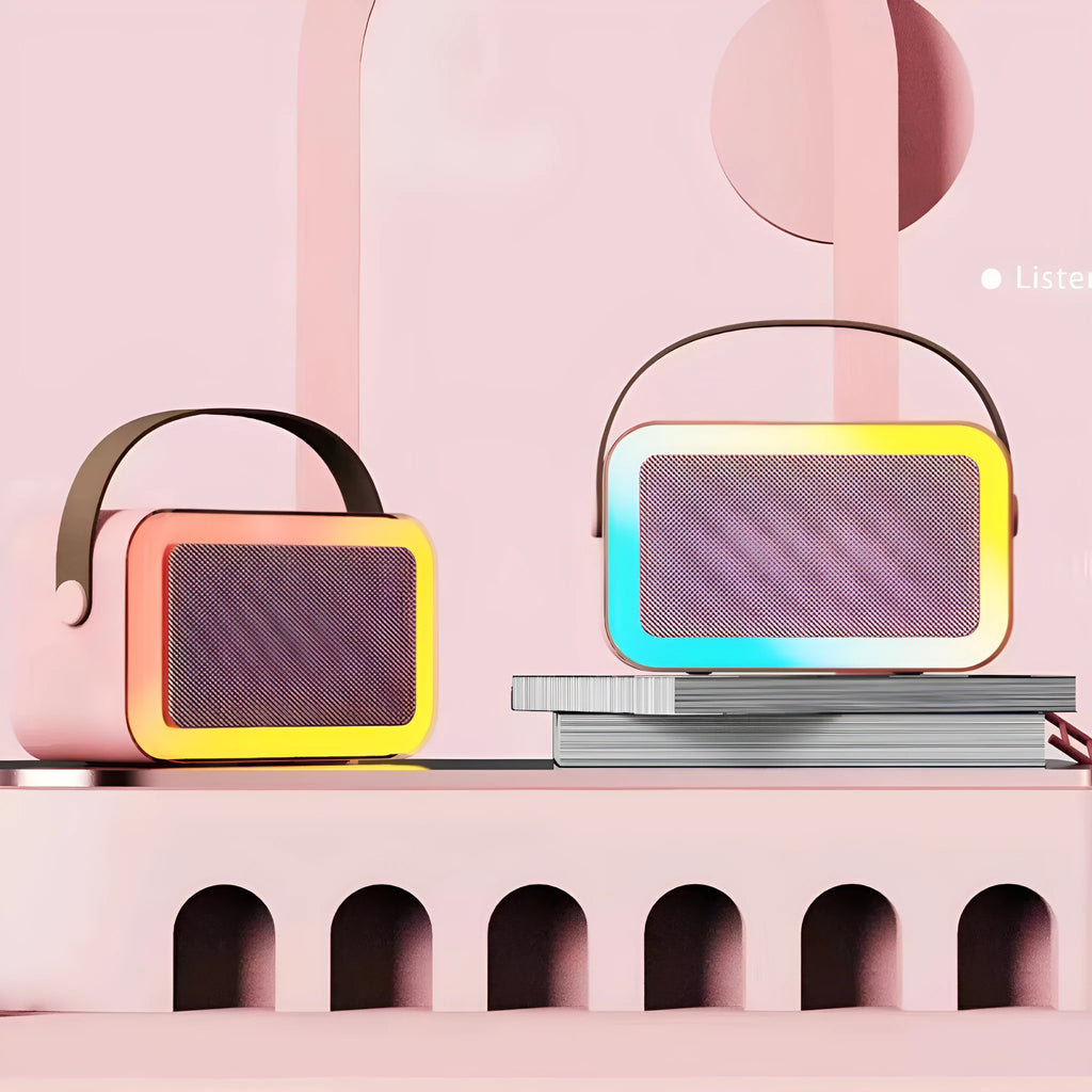 Portable coloured lights karaoke microphone and Bluetooth speaker in pink, sky blue, or white.