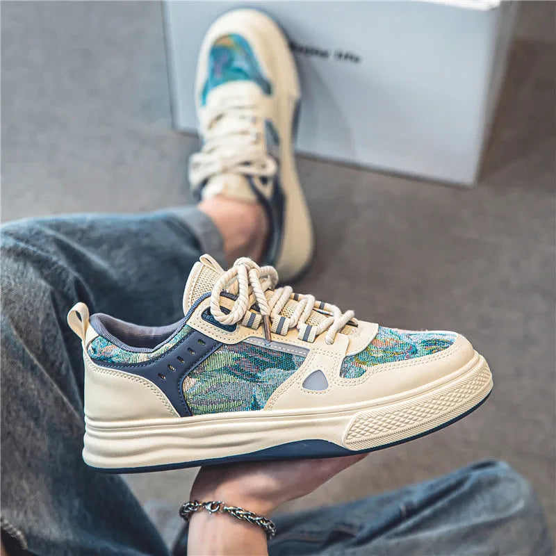 Men's canvas casual shoes in Milan green and beige colours with flat heel and round toe design