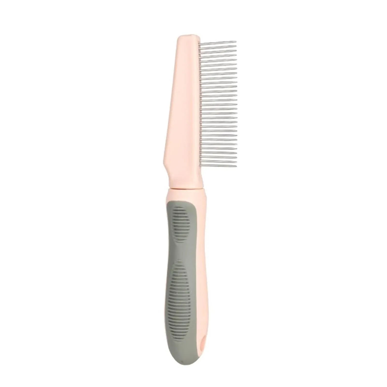 Blue pet detangler comb with rubber handle showing three comb teeth configurations