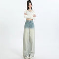 Women's gradient blue wide leg straight-leg denim trousers laid flat.